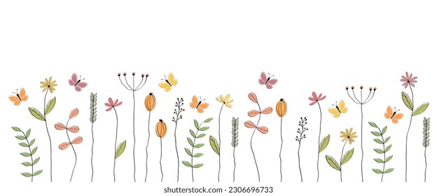 Vector banner with lovingly drawn butterflies and flowers. Free space for text. Suitable for invitations, greetings, sales banner, advertising, poster and flyer.