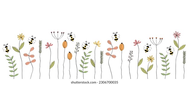 Vektorbanner mit liebevoll gezeichneten Blumen und Bienen. Freier Textraum. Geeignet für Einladungen, Grüße, Verkaufsbanner, Poster, Produktdesign und Flyer.