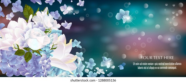 Vector banner with Luxurious hydrangea and roses flowers for invitation, sales, packaging, natural cosmetics, perfume. Space for text.