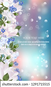 Vector banner with Luxurious tulips and roses flowers for invitation, sales, packaging, natural cosmetics, perfume. Space for text.