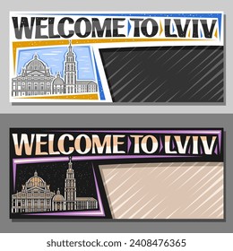 Vector banner for Lviv with blank copy space, decorative layout with outline illustration of european lviv city scape on day and dusk sky background, art design tourist card with words welcome to lviv
