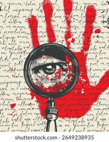 Vector banner with magnifying glass, hand and human eye on calligraphy text or page, manuscript background.Detective and investigation. T-shirt design, print, illustration for book, magazine.No ai 
