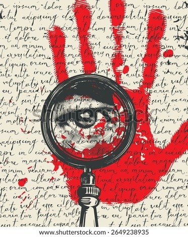 Vector banner with magnifying glass, hand and human eye on calligraphy text or page, manuscript background.Detective and investigation. T-shirt design, print, illustration for book, magazine.No ai 
