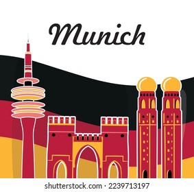 vector banner with the main attractions of munich on the background of the german flag