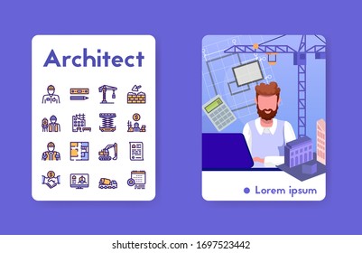 Vector banner of man architect, design, planning and construction modern buildings. Vector color linear icon - helmet builder, tools, equipment, engineer technology, inspection, project completion