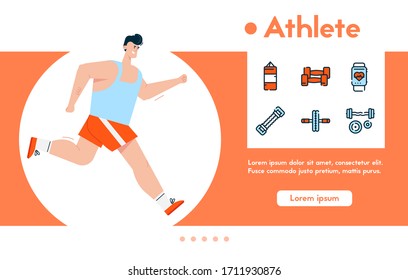 Vector banner of man athlete in sports uniform jogging, healthy lifestyle, cardio exercises, loss body weight. Vector color linear icon set - punching bag, dumbbells, heart rate monitor, gym equipment