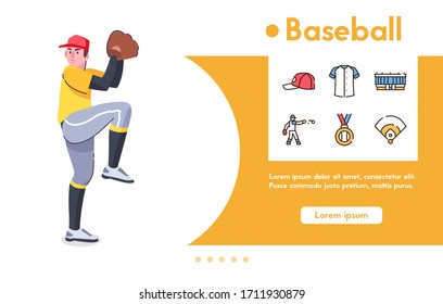 Vector banner of man baseball player, pitcher with glove stands in pose ready pitching ball. Vector color linear icon set - cap, uniform, stadium, champion medal, symbols of game, sport competition