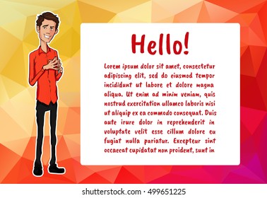 Vector banner with man and bubble talk. Guy says - hello