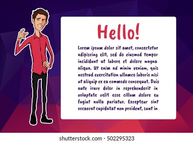Vector banner with man and bubble talk. Man says - hello. Dark abstract background for text banner with man. Minimal banner with man talking at text bubble. Handsome man for hackathon ads banner