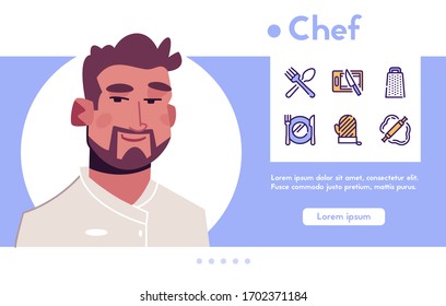 Vector banner of man character chef. Culinary professions job, food, kitchen and restaurant. Vector color linear icon set - spoon, fork, knife, plate, cutting board, utensils, cooking tools, serving