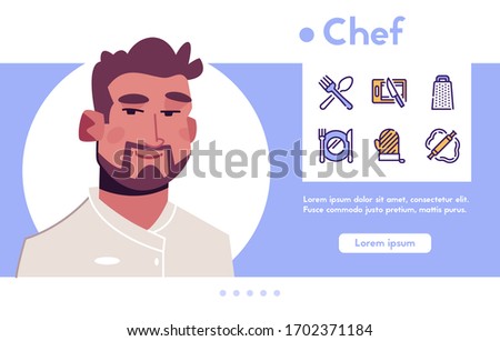 Vector banner of man character chef. Culinary professions job, food, kitchen and restaurant. Vector color linear icon set - spoon, fork, knife, plate, cutting board, utensils, cooking tools, serving