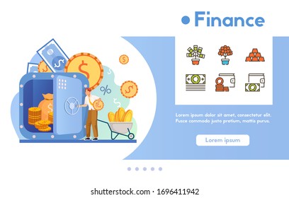 Cartel vectorial del hombre financiero pone dinero y moneda en caja fuerte, cambio de moneda, depósito, beneficio. Icono lineal de color vectorial - gestión financiera, consultoría profesional, estrategia económica, inversión