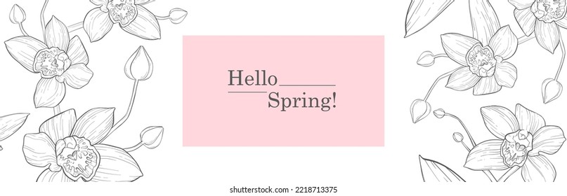 Banner vectorial con muchas flores de orquídeas grandes, brotes y pequeño marco rosado para texto. Concepto de primavera. Diseño de contorno floral.  Elemento artístico decorativo. Esbozo lineal de la naturaleza. Invitación romántica y elegante