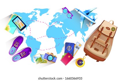 Vector banner with map of the world and travel objects in cartoon style. Summer vacation concept with little airplane, passport, camera, hat, tickets, compass, sunglasses. Isolated on white