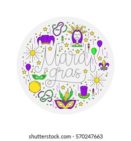 Vector banner with Mardi Gras  elements in trendy linear style. Holiday colorful background