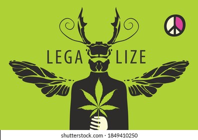 Vektorbanner für die Legalisierung von Marihuana. Kreative Abbildung eines geheimnisvollen Mannes mit Kopf und Flügeln eines Käfers, der ein Cannabisblatt auf hellgrünem Hintergrund hält