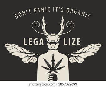Vector banner for marijuana legalization. Creative illustration of a mysterious creature with the head and wings of a beetle holding a cannabis leaf on a black background
