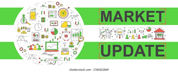 A Vector Banner Of Market Update, With Stock Icons Element, Illustration For Stock News Or Article In Broker Or Stock Website. 