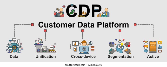 The vector banner of A marketing tool called Customer Data Platform (CDP) with work flow vector. Creative flat design for web banner, business presentation, online article.