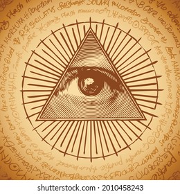 Vector banner with the Masonic symbol of the All-seeing eye of God inside triangle pyramid. Ancient mystical sacral illuminati sign on a beige background with illegible scribbles written in a circle