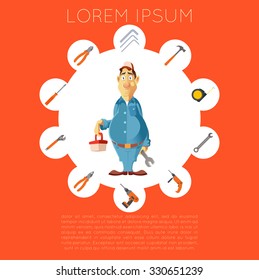 Vector banner of master with diffirent tools for home improvement and repair