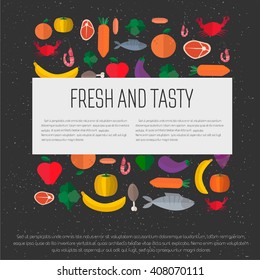 Vector banner with a meal. Fresh and tasty food. Purchase and sale of food , vegetables, fruits, seafood, meat. Vector card in a minimalist flat style 
