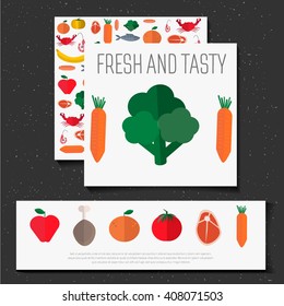 Vector banner with a meal. Fresh and tasty food. advertising of food, vegetables, fruits, seafood, meat. Vector card in a minimalist flat style 
