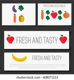 Vector banner with a meal. Fresh and tasty food. advertising and sale of food , vegetables, fruits, seafood, meat. Vector card in a minimalist flat style 
