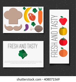 Vector banner with a meal. Fresh and tasty food. advertising and sale of food , vegetables, fruits, seafood, meat. Vector card in a minimalist flat style 
