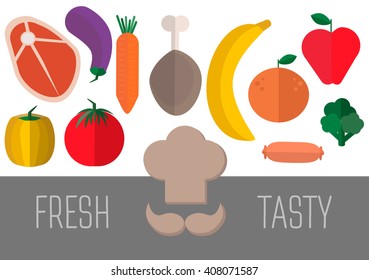Vector banner with a meal. Fresh and tasty food. advertising of food, vegetables, fruits, seafood, meat. Vector card in a minimalist flat style 
