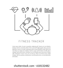 Vector banner with a means of tracking activity, a fitness bracelet. The concept of fitness gadget with icons its functionality.