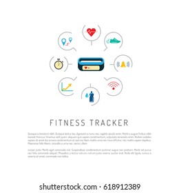 Vector banner with a means of tracking activity, a fitness bracelet. The concept of fitness gadget with icons its functionality.