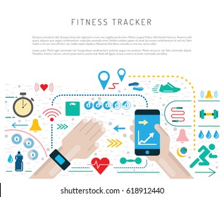 Vector banner with a means of tracking activity, a fitness bracelet. The concept of fitness gadget with icons its functionality.