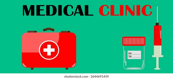 Vetor banner Clínica médica, com ícones: mala e itens médicos. Adequado para banners, cartazes, nomes de clínicas, instituições médicas, cartões postais, embalagem, impressões