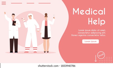 Pancarta vectorial del concepto de ayuda médica. Médico, enfermera y paramédico uniformado. Tratamiento de enfermedades, vacunación, medición de temperatura. Ilustración de carácter de la asistencia sanitaria