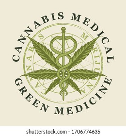Cartel vectorial de la marihuana medicinal. Un emblema redondo con una hoja de cáñamo hecha a mano y un caduceus con dos serpientes. cannabis médico. Medicina verde. Producto natural de cáñamo orgánico. Alga fumante