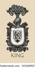 Vector banner with medieval coat of arms, hand-drawn shield, knightly helmet, ornate initial letter K and the word King. Great for luxury design of vintage emblem, logo, greeting card, playing card