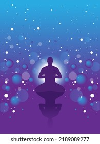 Vector banner with meditation man on abstract violet background with stars and spheres Yoga in the universe. Man in the lotus position. Symbol of secret knowledge, harmony of soul and body. Surrealism