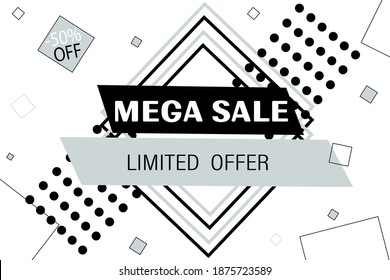 Vector banner. Mega sale tag, -50% discount, special limited offer. Super, mega deal. Template, modern label for promotion. Advertising message, favorable price.