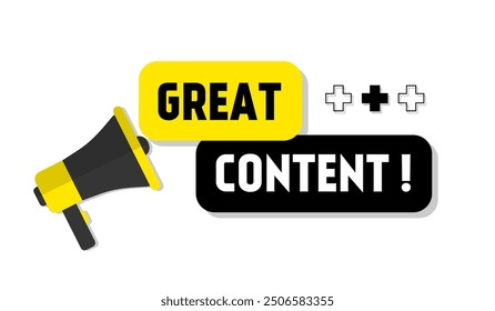 Vector banner. Megaphone with great content speech bubble. Loudspeaker. Banner for business, marketing. Banner design vector illustration.