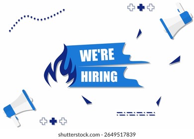 Vector banner. Megaphone with we're hiring speech bubble. Loudspeaker. Banner for business, marketing. Banner design vector illustration.
