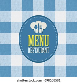 Vector banner for menu cafe or restaurant with a chef's hat and cutlery against the background of a white blue checkered tablecloth