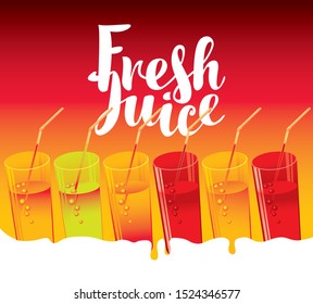 Vector banner or menu with calligraphic inscription Fresh juice. Colorful set of realistic glasses with various juice and straw on red background