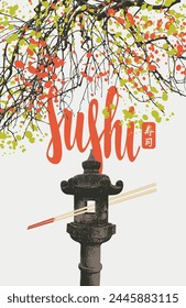 Vector banner or menu with calligraphic inscription Sushi and chopsticks on light background with tree branches and stone lantern. Japanese cuisine. Hieroglyph Sushi.