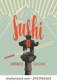 Vector Anuncio o menú con inscripción caligráfica Sushi y palillos sobre fondo paisaje montañoso con linterna japonesa de piedra. Cocina japonesa. Sushi jeroglífico.