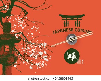 Vector Anuncio o menú con inscripción caligráfica Sushi y palillos en tazón con salsa de soja sobre fondo rojo con ramas de árbol y linterna de piedra. Cocina japonesa. Sushi jeroglífico.