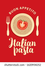 Vector banner or menu for Italian restaurant. Decorative illustration with Italian pasta, tomato, cutlery and calligraphic inscription on a red background in retro style.
