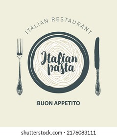 Banner vectorial o menú para un restaurante italiano. Plantilla de menú con pasta italiana, cubiertos e inscripción caligráfica en estilo retro.