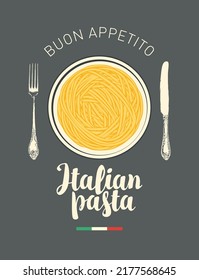 Vector banner or menu for an Italian restaurant. Menu template with Italian pasta, Cutlery and calligraphic inscription in retro style.