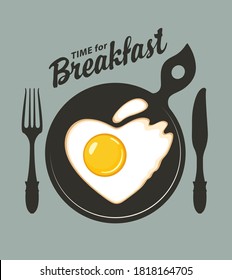 Vector banner or menu on the theme of Breakfast time with fried egg in the shape of a heart, a fork and a knife on a yellow background with space for text in retro style